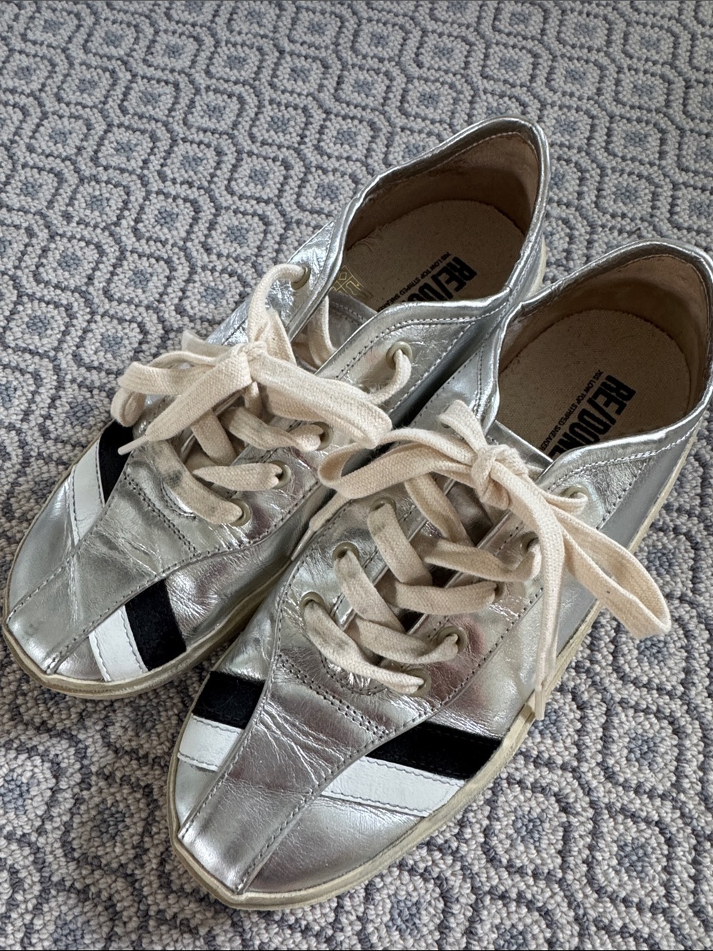 Re/Done Silver Sneakers with Black & White Stripe Detail